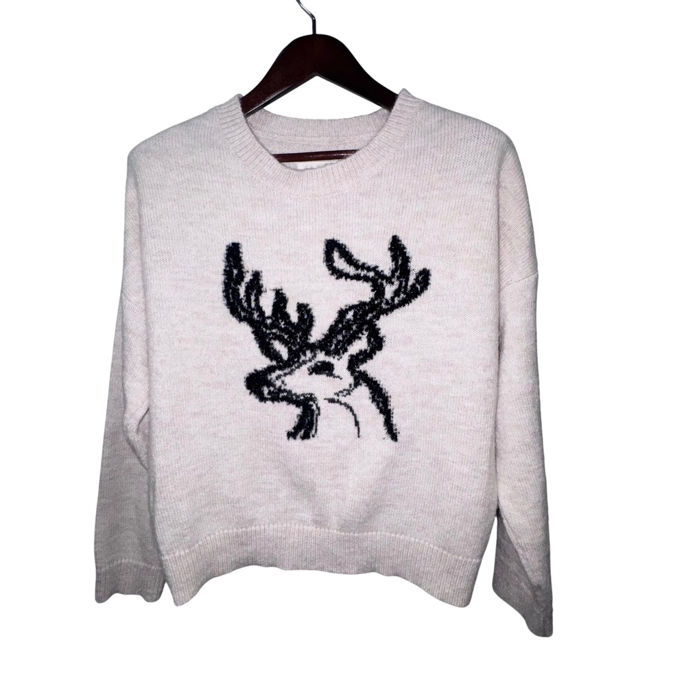Anthropologie Deer Graphic Sweater Women Large Cream‎ Black Excellent Whimsical